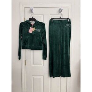 NWT JUICY COUTURE Size XL Velour Bling Tracksuit Hoodie Pants Set Evergreen
